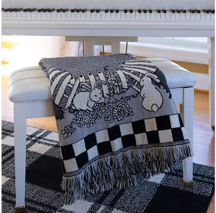 Garden Rabbits Black + White Cotton Woven Blanket by Martha Collins©