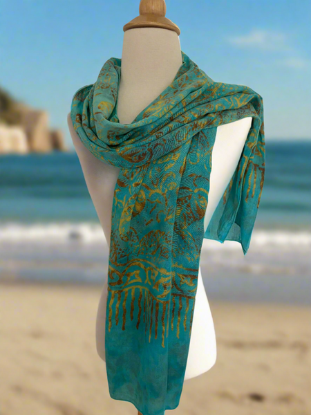 Handmade Batik Rayon Scarf - Tropical Teal-Gold