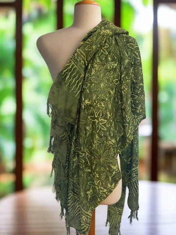 Batik Rayon Sarong with Fringed Ends -Olive Green