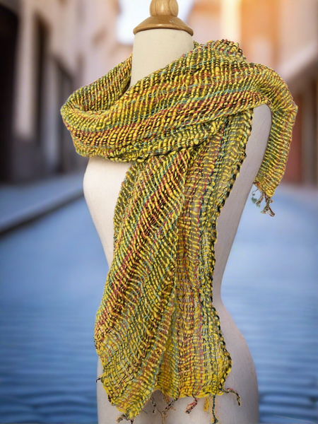 Handwoven Open Weave Cotton Scarf - Yellow Multicolor