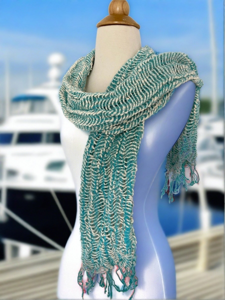 Handwoven Open Weave Cotton Scarf - Sky Blue-White