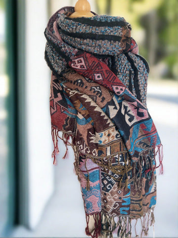 Woven Reversible Ruffled Scarf/Shawl - Native Blue/Brown