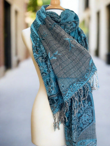 Woven Reversible Ruffled Scarf/Shawl - Blue Night