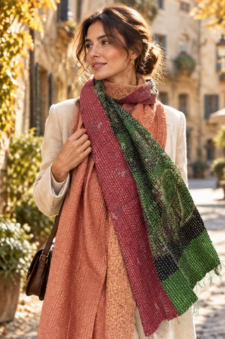 Kantha Silk Reversible Scarf-Stole  - Red/Orange/Green
