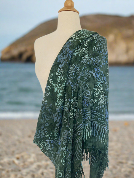 Batik Rayon Sarong with Fringed Ends -Sacramento Blues