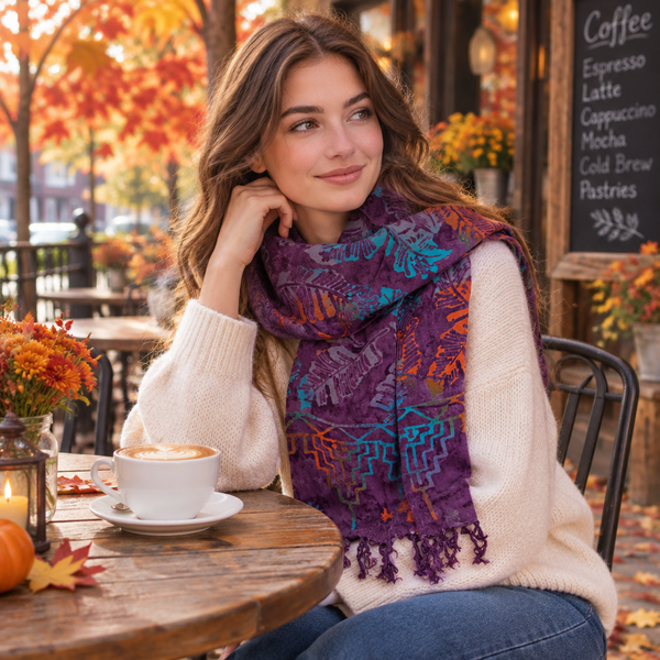 Handmade Batik Rayon Fringe Scarf - Purple-Orange