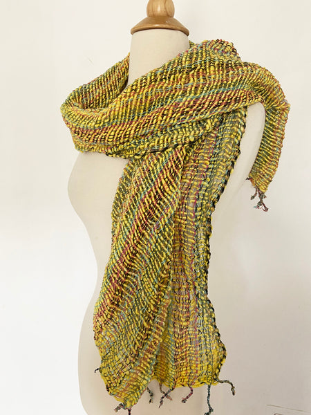 Handwoven Open Weave Cotton Scarf - Yellow Multicolor