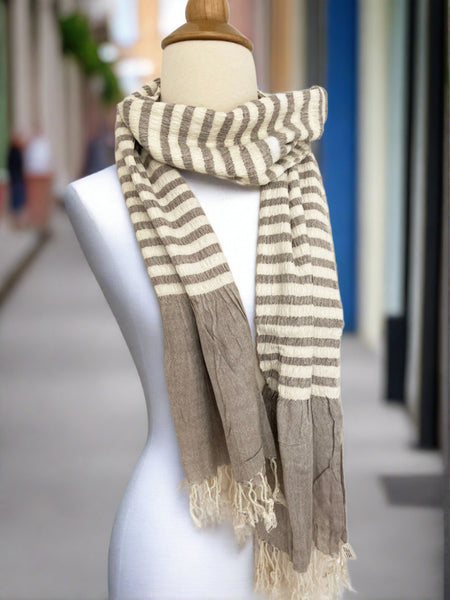 French Stripe Light Gray and White Rayon Fringe Scarf