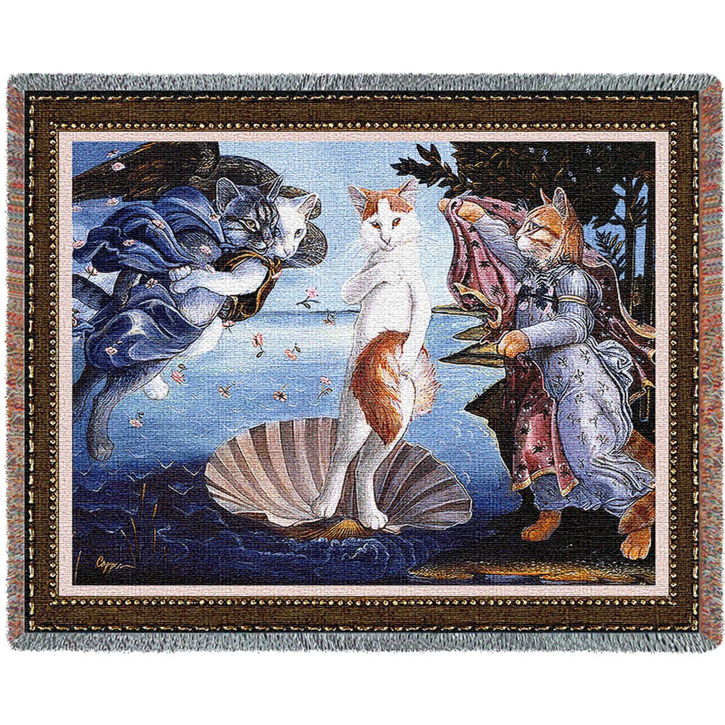 Kitty on a Half Shell-Sandro Botticelli's The Birth of Venus Parody Woven Throw Blanket by Melinda Copper©