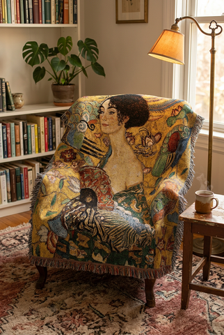 Gustav Klimt© Lady With Fan Woven Cotton Throw Blanket