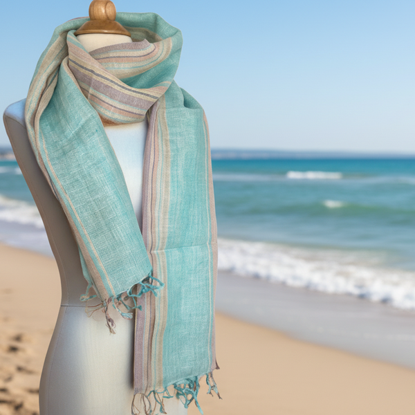 Linen Striped Scarf-Stole w/Fringe - Light Aqua/Tan