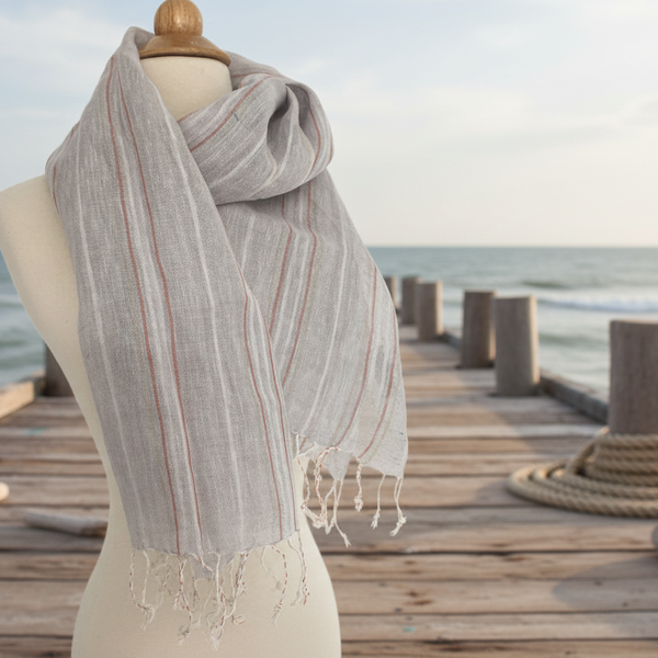 Linen Striped Stole w/Fringe - Light Gray-Taupe