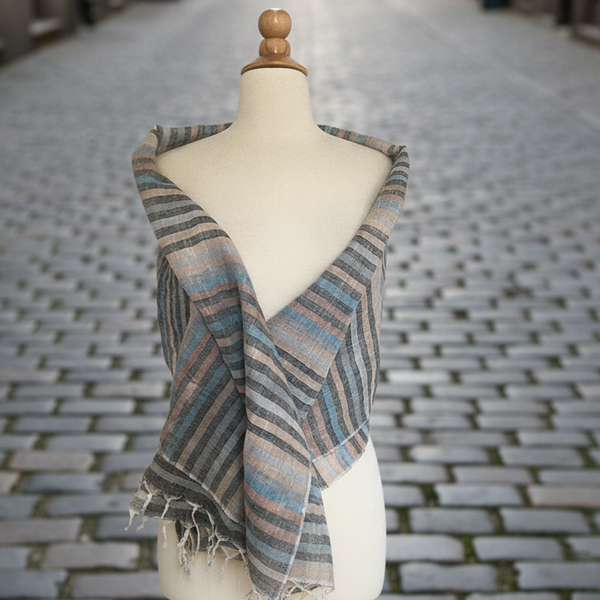 Linen Striped Stole w/Fringe - Multi Charcoal