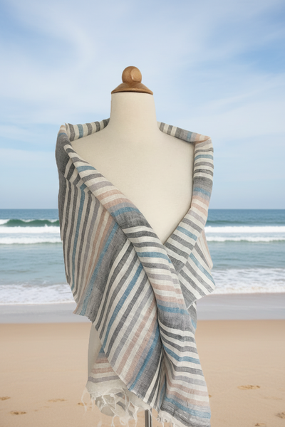 Linen Striped Stole w/Fringe - Multi Grays