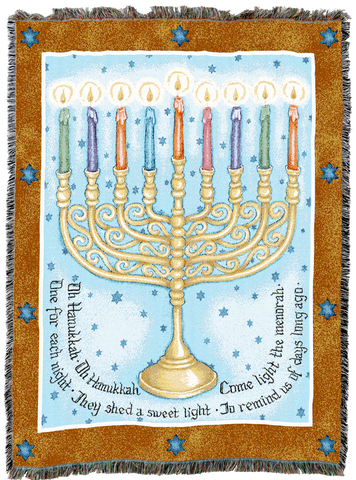 Eight Days-Menorah Woven Cotton Throw Blanket by Judy Hand©
