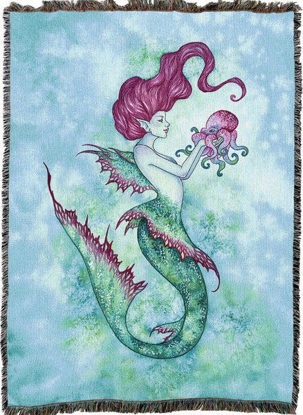Mermaid And Mr Squiggles Octopus Woven Cotton Throw Blanket by Amy Brown©