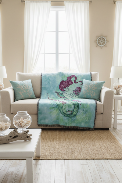 Mermaid And Mr Squiggles Octopus Woven Cotton Throw Blanket by Amy Brown©