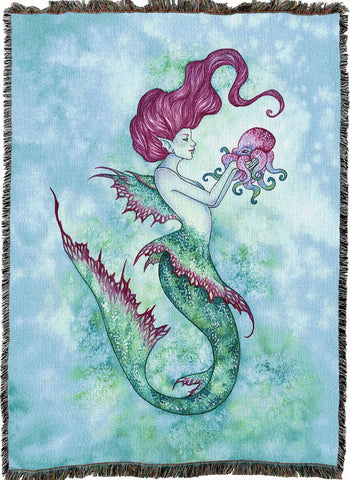 Mermaid And Mr Squiggles Octopus Woven Cotton Throw Blanket by Amy Brown©