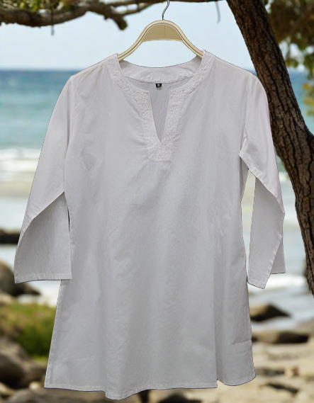 White Montserrat Cotton Kurti Tunic - White w/Embroidery