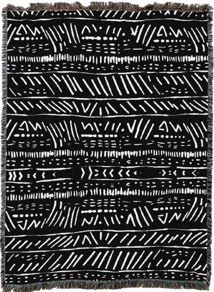Mud Cloth Black and White Woven Cotton Throw Blanket