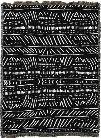 Mud Cloth Black and White Woven Cotton Throw Blanket