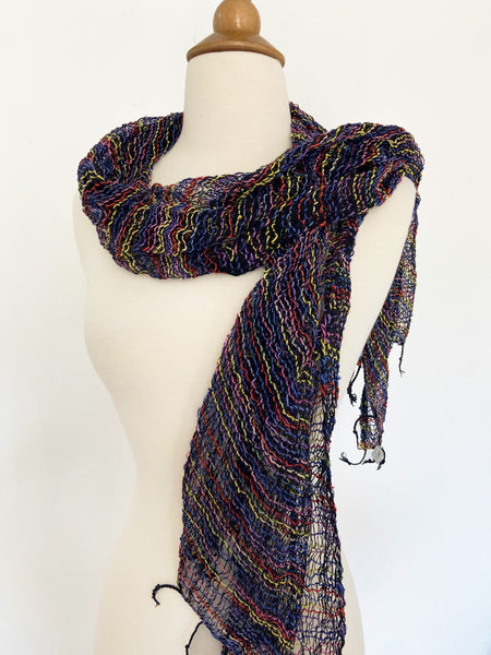 Handwoven Open Weave Cotton Scarf - Multi Blue Yellow