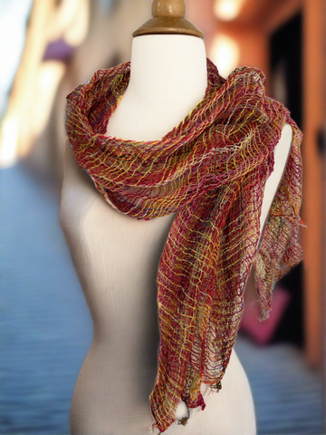 Handwoven Open Weave Cotton Scarf - Multi Red Yellow