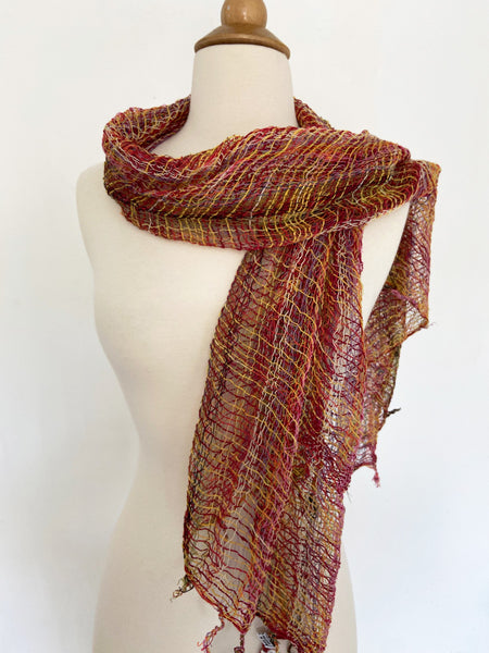Handwoven Open Weave Cotton Scarf - Multi Red Yellow