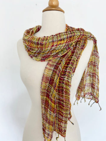 Handwoven Open Weave Cotton Scarf - Yellow-Red Multi
