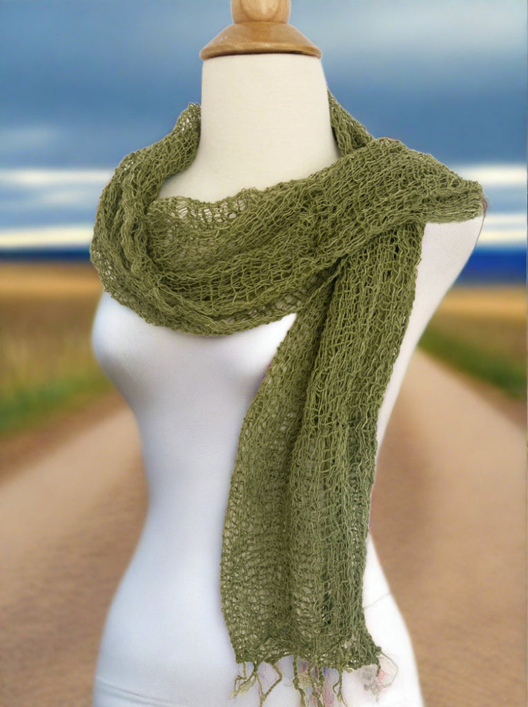 Handwoven Open Weave Cotton Scarf - Olive