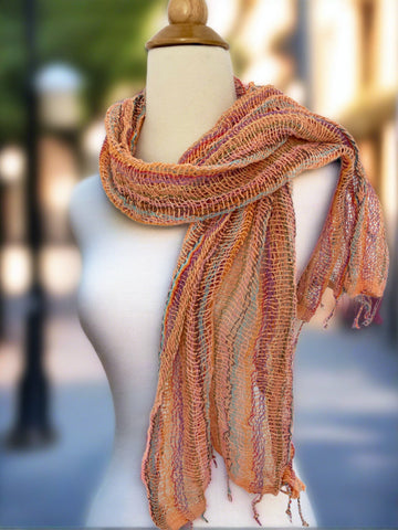 Handwoven Open Weave Cotton Scarf - Multicolor Apricot