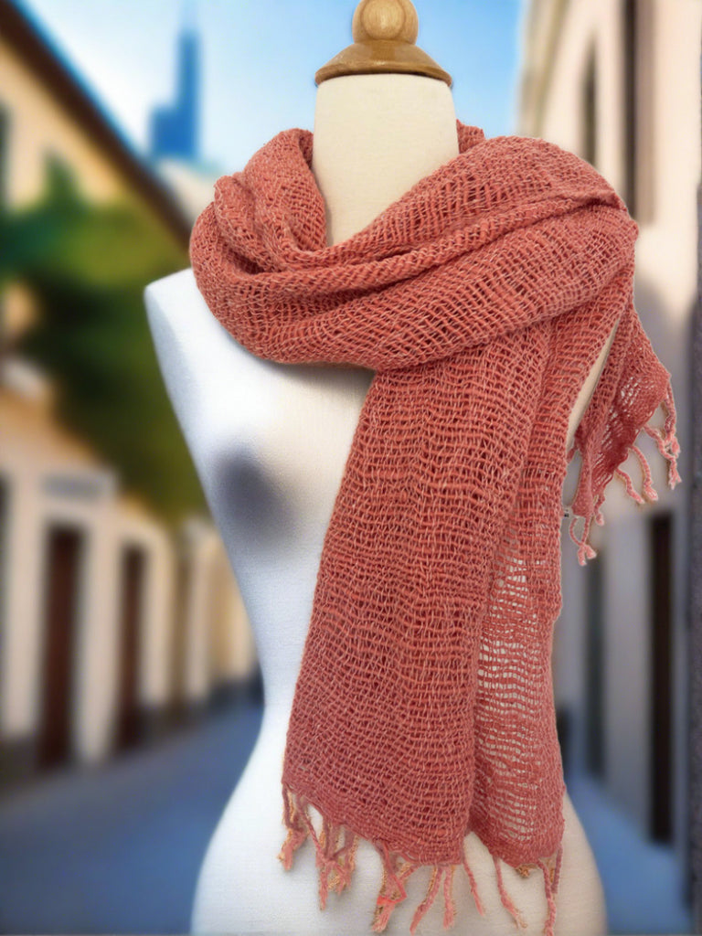 Handwoven Open Weave Cotton Scarf - Pink Salmon