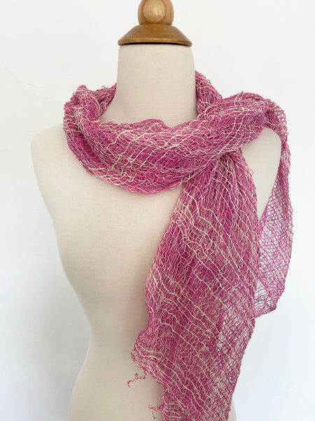 Handwoven Open Weave Cotton Scarf - Pink-White