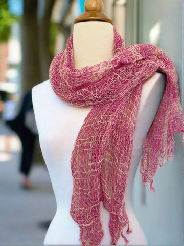 Handwoven Open Weave Cotton Scarf - Pink-White
