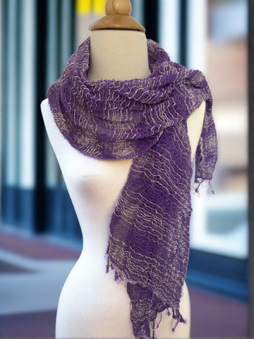 Handwoven Open Weave Cotton Scarf - Purple-White