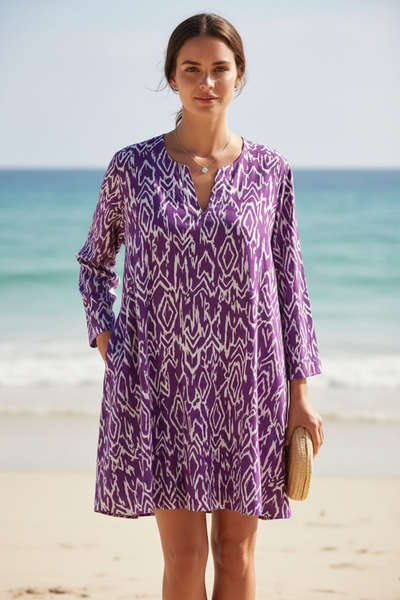 Ikat Kurti Cotton Tunic -Purple/White Ikat