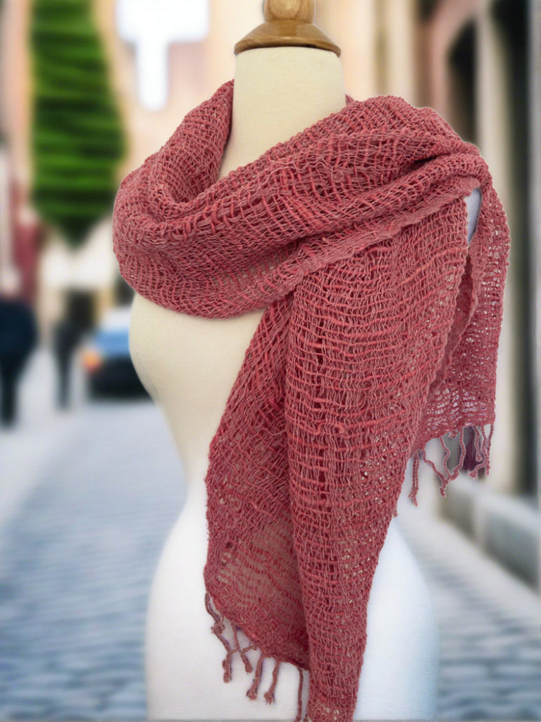 Handwoven Open Weave Cotton Scarf - Rose