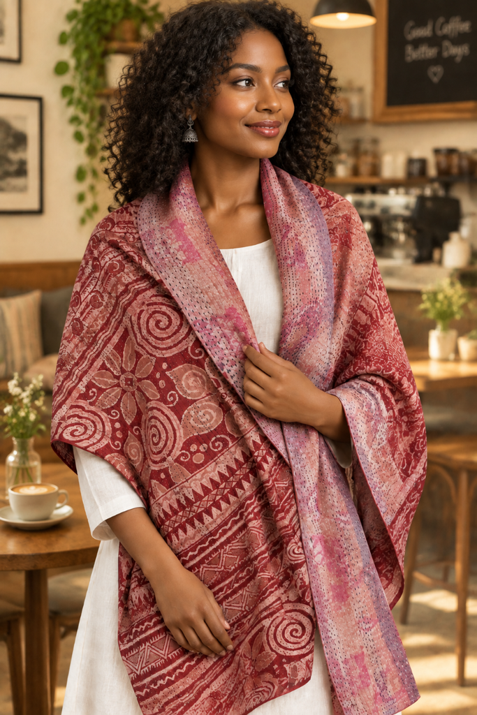 Kantha Silk Reversible Stole-Scarf  - Red/Mauve