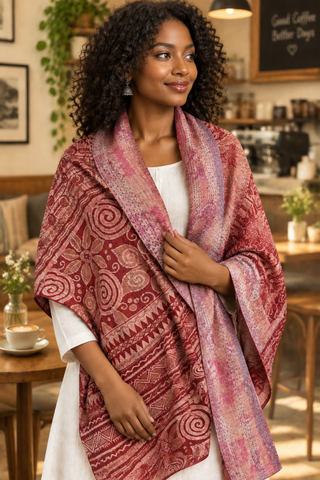 Kantha Silk Reversible Stole-Scarf  - Red/Mauve