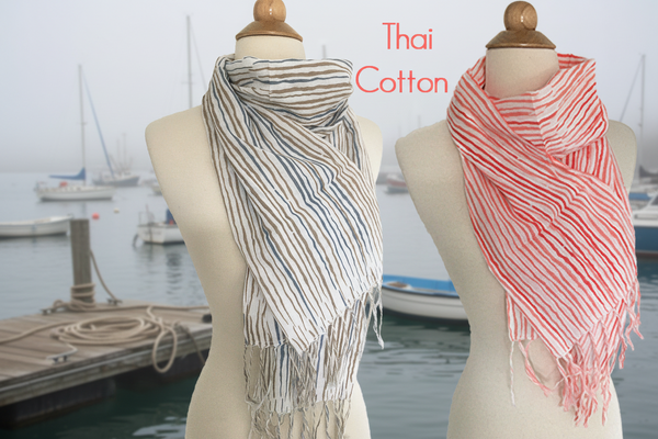 Striped Lightweight Thai Cotton Scarf - Tan-Blue Grey Stripes on White