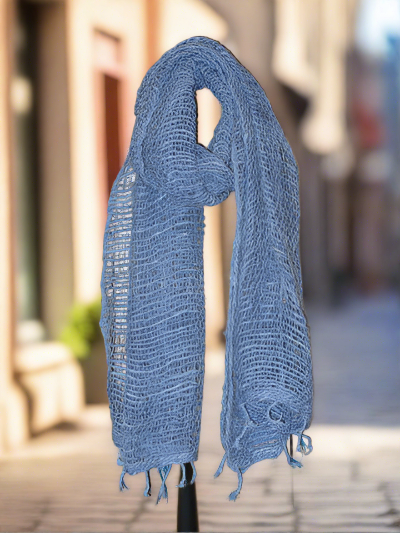 Handwoven Open Weave Cotton Scarf - Coronet Blue