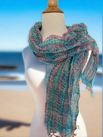 Handwoven Open Weave Cotton Scarf - Turquoise-Pink-Olive