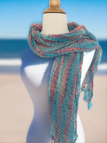 Handwoven Open Weave Cotton Scarf - Turquoise-Heather Red