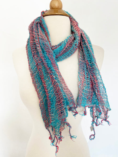 Handwoven Open Weave Cotton Scarf - Turquoise-Heather Red