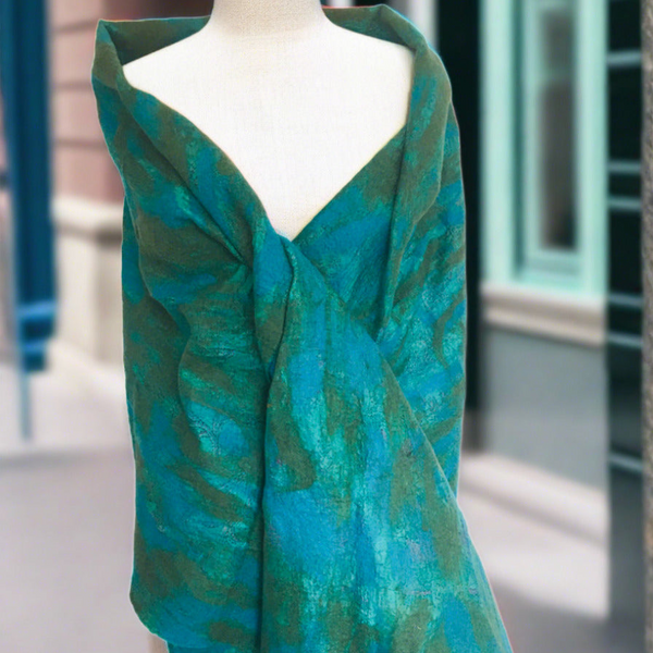 Turquoise-Green Nuno Felted Wool-Sari Silk "Shawl-Stole"|One-of-a-Kind Wearable Art