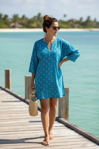 Kurti Cotton Tunic - Turquoise/White