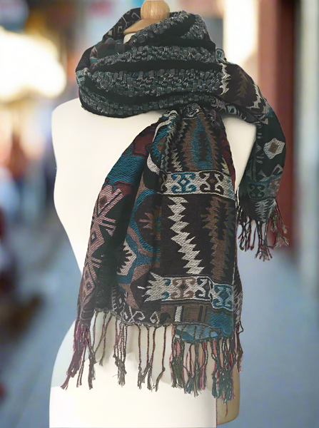 Woven Reversible Ruffled Scarf/Shawl - Native Dance