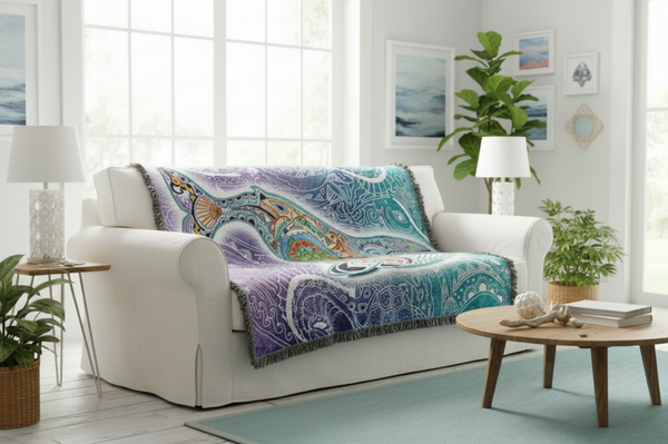 Blue Whale Woven Cotton Throw Blanket by Sue Coccia©