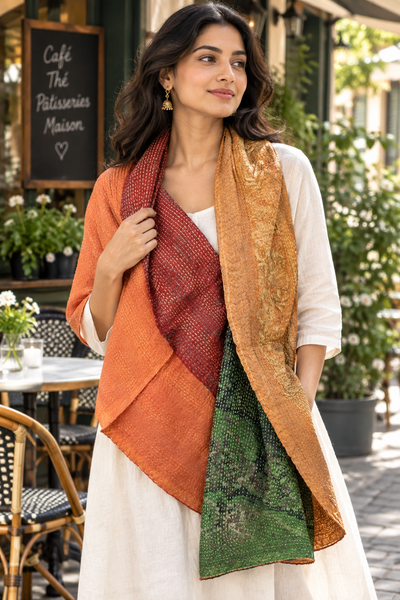 Kantha Silk Reversible Scarf-Stole  - Red/Orange/Green
