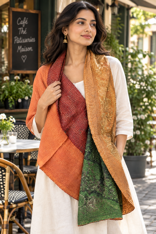 Kantha Silk Reversible Scarf-Stole  - Red/Orange/Green